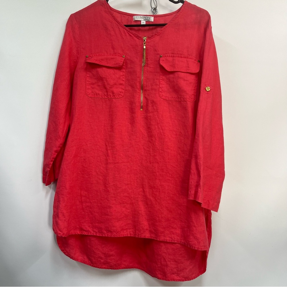 Company Ellen Tracy M 100% linen Coral tunic Top w/Zipper roll tab sleeve boho